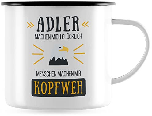 JUNIWORDS Emaille-Tasse, Adler Machen Mich glücklich Menschen Machen Mir Kopfweh, Schwarzer Tassenrand