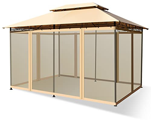 COSTWAY Gazebo da Giardino 3,9 x 2,9 M, Gazebo da Esterno con rete rimovibile e doppi tetti, struttura in acciaio, ideale per Feste, Barbecue, Giardino (marrone chiaro)