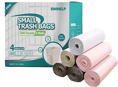 Bin Liners 240 Counts Small Plastic Bin Bags With Handle, Strong Wastebasket Trash Can Bin Liners for Bathroom Toilet, Bedroom, Office,Desk,Fit 15-20ltr