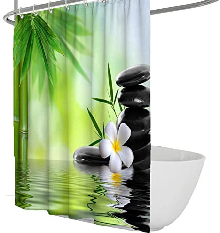 Spa Decor Duschvorhang-Set, Zen-Stein, grün, Bambuspflanze, Landschaftsmalerei, Badezimmer-Badewannen-Dekoration mit Haken, 275 x 180 cm, Duschvorhang