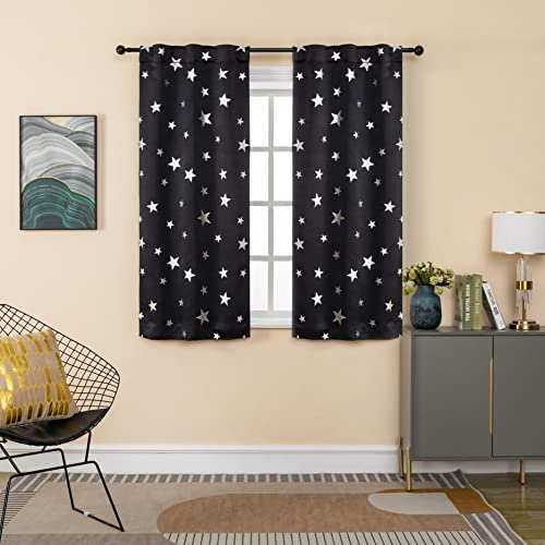 GIRASOLE HOME® Coppia Tende Oscuranti Morbide Fantasia Stelle Argentate Tenda Morbida per Interni con Tasca e Passanti Nascosti 2 Pannelli (Nero, 70x145cm)