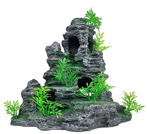 GOLOMOZ Aquarium Decoration Large and Tall Fish Tank Decor Aquarium Rock Mountain View Aquarium Ornament Tree House Cave for Large Tank - 10.2 Inches High