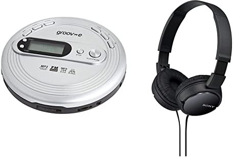 Groov-e GVPS210SR Personal MP3 & Radio CD Player with Track Programmable Memory, LCD Display and Earphones Included - Silver & Sony MDR-ZX110 Overhead Headphones - Black, BASIC, Pack of 1