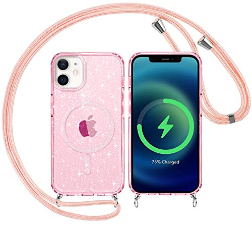 Yoedge Coque Magnétique à Paillettes avec Cordon pour Apple iPhone 11 6,1”-Compatible avec MagSafe Étui Colliers Housse Rose Glitter Souple TPU Transparente Brillant Cover pour iPhone 11 Case