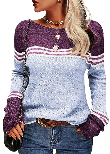 Tankaneo Colorblock - Maglione da donna a maniche lunghe, girocollo, a righe, slim fit, maglieria | Maglia a maniche lunghe, maglione all'uncinetto, a righe, slim fit, maglieria, top, casual, felpa, maglione, maglione