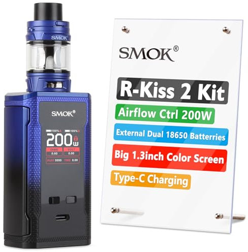 SMOK R-Kiss 2 E Cigarette Vapes Starter Mod Kit, 200W Multi-Use Device, Big 1.3-Inch Colorful Screen, 2ml Top Filling System, Uses Dual 18650 Battery(Not Included), USB Type-C, No Nicotine, Black Blue