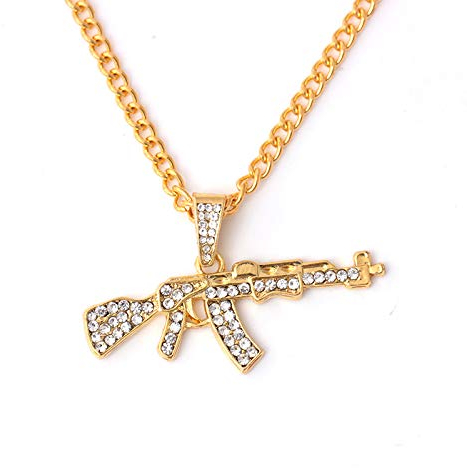 DUTACK Kreative Hip Hop Submachine Gun Anhänger Halskette Kristall Ak 47 Strass Bling Kette Halskette Damen Herren Rapper Schmuck, Zink, Kein Edelstein
