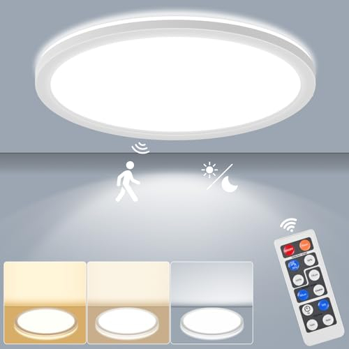 LEZOE Dimmbar LED Deckenleuchte mit Bewegungsmelder, 18W 1800LM Radar LED Deckenlampe Dimmbar, 3000K/4500K/6500K IP54 Sensorlampe Für Badezimmer, Garage, Treppen, Keller, Flur, Balkon, Diele 22CM