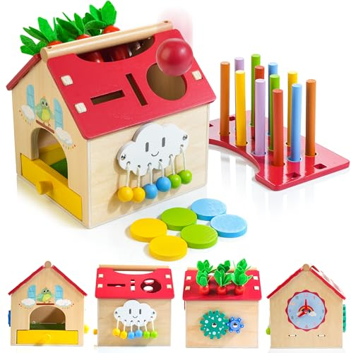 Kizfarm 4 in 1 Motorikwürfel Aktivitätswürfel aus Holz, Activity Spielzeug Motorikspielzeug Holzspielzeug Lernspielzeug für Klein Kinder ab 1 Jahr