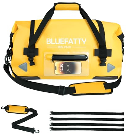 BLUEFATTY Große wasserdichte Reisetasche mit Roll-Top, strapazierfähig, für Motorradfahren, Rafting, Bootfahren, SUP, Kajakfahren, Reisen, 70 l (Gelb)