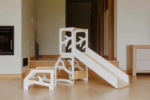 WECO Montessori Kinder Lernturm 3 in 1 Baum Design mit Rutsche und Tritthocker FSC Zertifikat Schreibtisch Montessori Möbel Küchenhelfer klappbar Stylisch Lernturm (Weiß)
