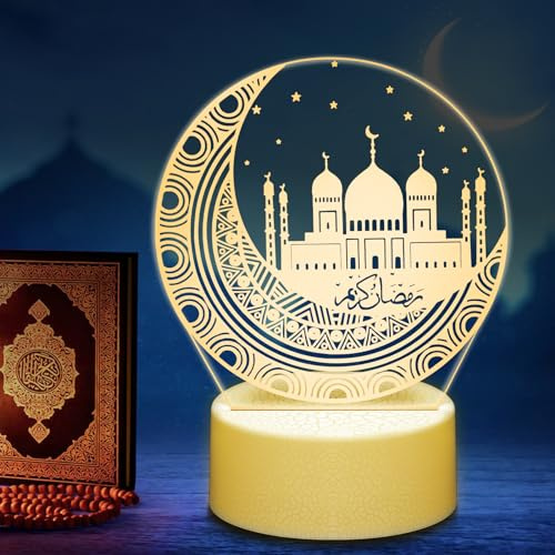 JOKSNK Ramadan Lichter Monddekorationslampe, muslimische Holz Ramadan Nachtlicht, LED Ramadan Märchenlampe 2025 Ramadan Crescent Night Decoration Gebete Lampe, islamische Dekoration Ramadan