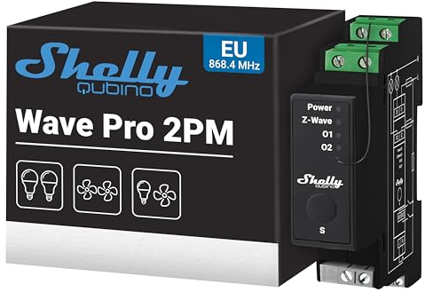 Shelly Wave Pro 2PM, Z-Wave Interruttore Intelligente Relé Bifase - 2 Canali, 25А, Monitora il Consumo di Energia, Controllo Remoto e Automazione, per Guida DIN, Hub Z-Wave Richiesto, SmartStart