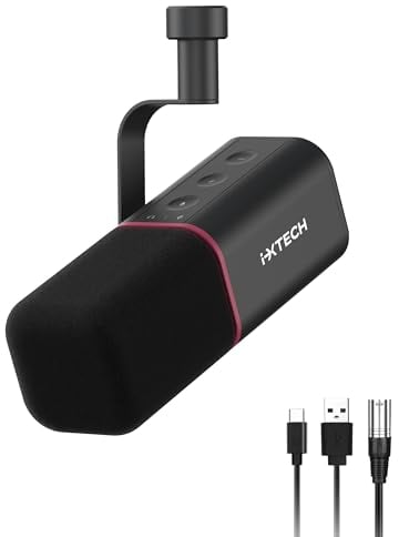 IXTECH Dynamisches Mikrofon mit Nierencharakteristik RGB Gesangsmikrofon USB XLR Studiomikrofon Software Stummschalttaste Microphone für Podcasting Streaming Aufnahme Gaming und Voice-Over Schwarz
