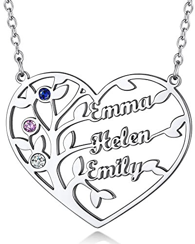 Custom4U Bijoux Collier Coeur 3 Prénoms Personnalisé Charme Arbre de Vie Généalogique Pendentif pour Maman avec 3 Prénoms Pierre de Naissance Famille Acier Inoxydable