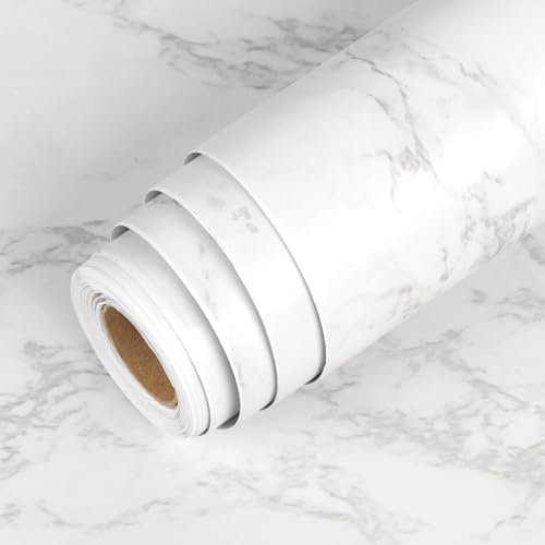 LaCheery Pellicola Adesiva per Mobili Top Cucina Effetto Marmo Bianco Grigio 90cm x 400cm Vinyle Carta Adesiva per Mobili Cucina Tavole Carta da Parati Bianco Pellicola Adesiva per Mobili Impermeabile