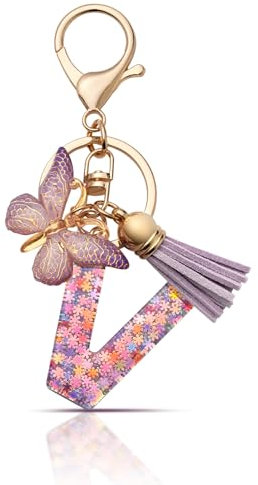 CHUQING Porte-clés pour fille - Pendentif en forme de papillon - Avec initiales - Cadeau pour femme, Violet-v, S