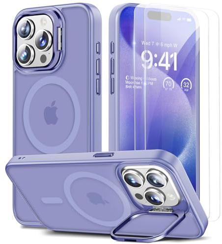 Beeasy for iPhone 15 Pro Max Case MagSafe Phone Case with 2 Screen Protectors and Stand, Military Shockproof Protective Slim Cover, Case for iPhone 15 Pro Max 6.7 Inch, Translucent Purple