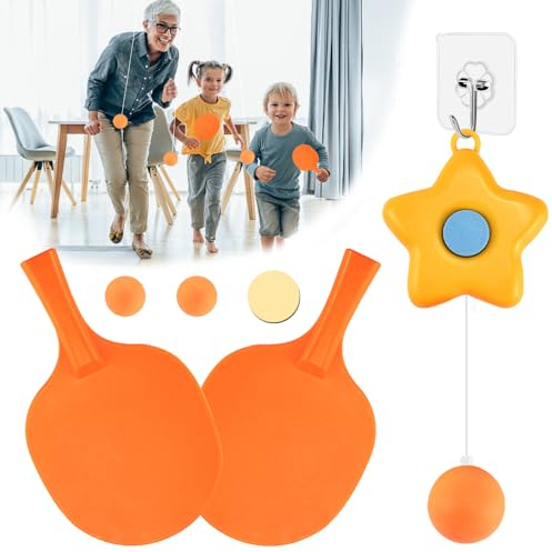 ADERTOS Tischtennis Trainer Set Hängender Tischtennistrainer Star Form Tischtennis-Trainer-Set zum Aufhängen für den Innenbereich Tragbar Hängende Ping Pong Trainer mit 2 Schlägern 2 Übungsbällen