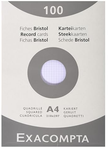 Exacompta 13206E Karteikarten, kariert, 5x5, ungelocht, 210 x 297 mm, für Tintenstrahldrucker, Laserdrucker und Kopierer, Weiß, 10 Packungen à 100 Stück