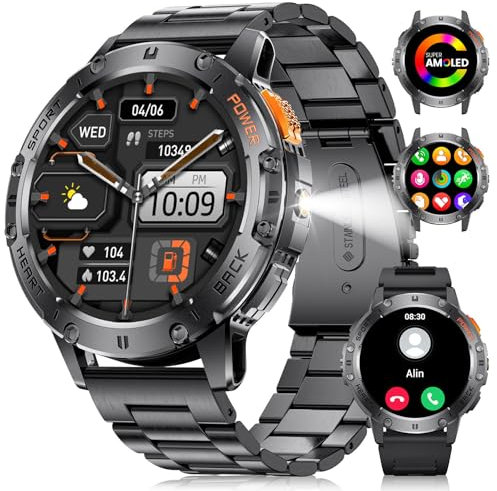 DREMAC Montre Connectée Homme Militaire, 1,43 AMOLED Smartwatch avec 530 mAh/Lampe de Poche/Appels Bluetooth/120+ Modes Sportifs/Moniteur Fréquence Cardiaque, Podomètre, Smartwatch pour Android iOS