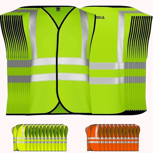 OMKA Warnweste Set – Sicherheitswesten Neonfarben mit 360° Reflexstreifen – Atmungsaktiv leicht & maschinenwaschbar – Auto Pannenweste für Kinder & Erwachsene mit Klettverschluss Neon Grün - XL