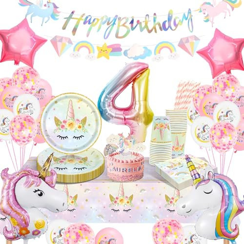 Yosiio Unicorn 4th Birthday Tableware Set - Children's Party Supplies With Unicorn Balloons