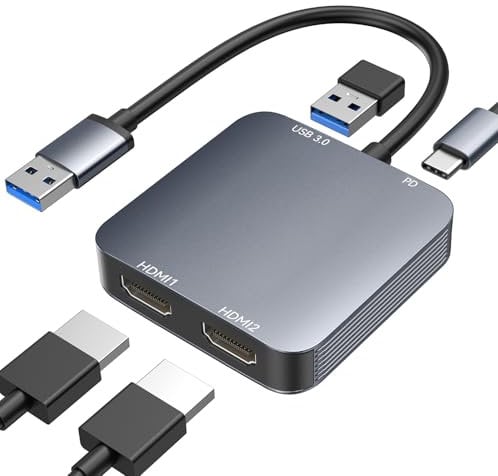 ABLEWE Adaptateur USB 3.0 vers Double HDMI avec Port USB 3.0, HDMI vers USB Audio Vidéo Convertisseur Graphique pour Ordinateur Portable, Moniteur de Bureau, TV, Compatible avec Mac OS, Windows