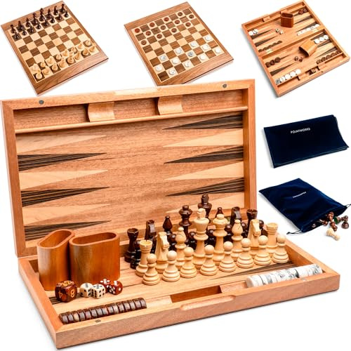 Pointworks Juego de ajedrez de 17 pulgadas para adultos, juego de ajedrez de madera, tablero plegable portátil de dos caras, incrustaciones de arce y nogal con grandes piezas pesadas, cuadros