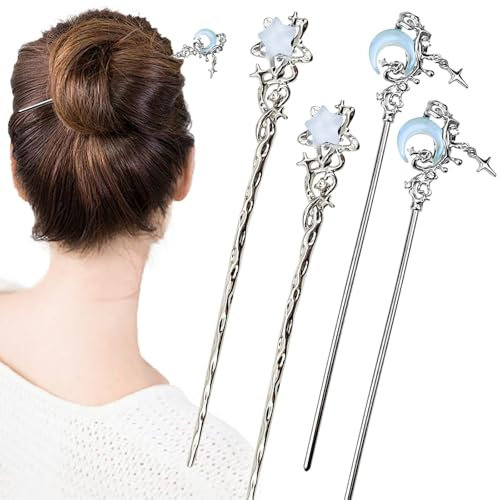 FloralGrace 4 Stück Stern Mond Haarstäbchen für Dutt Langhaar Asiatisch Vintage Haar Stäbchen Metall Silber Haar Dutt Aufsteck Halter Langhaarzangen für Frauen Mädchen