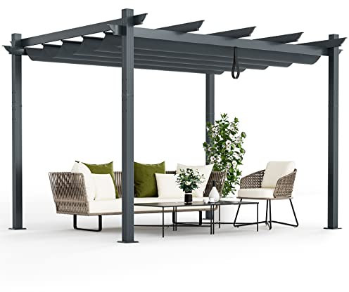 COSTWAY 2.9 X 3.6m Metal Pergola with Retractable Roof, Large Garden Pergola with Sun Shade Canopy, Outdoor Heavy-Duty Grape Trellis Gazebo for Patio Party BBQ (Gray)