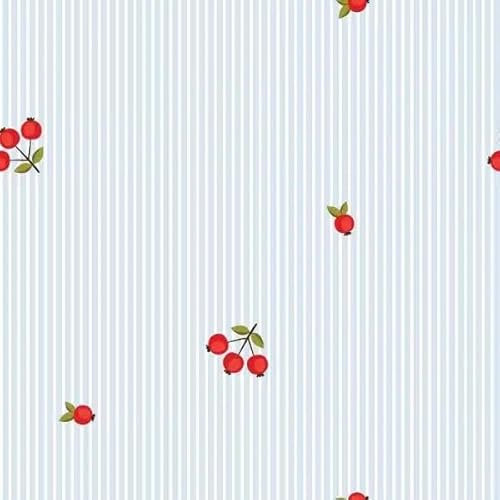 Papier peint à rayures avec motif de baies rouges, bleu et blanc