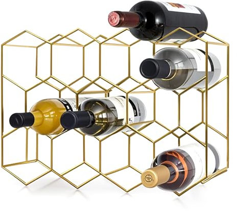 Savieva Weinregal aus Metall mit 11 Fächern und 3 Ebenen – für 14 Flaschen, platzsparender Organizer für die Arbeitsplatte in Küche/Wohnzimmer (Gold)