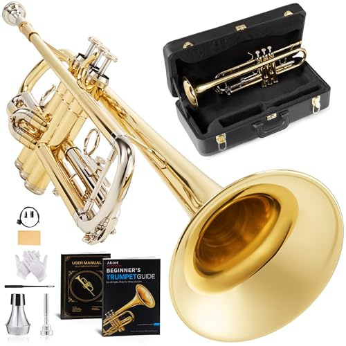 AKLOT Hand-Hammered Bell Bb Trumpet: Smooth Valve Action, Clear-Lacquered Brass Body, Standard Trumpet Beginner Set with Leather Case, Lesson Book, Trumpet Mute, Mouthpiece, Cleaning Kit (SNR-BrzED)