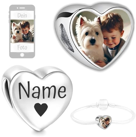 2Burned Personalisierter 1x Schmuck mit Bild, Foto-Charm kompatibel mit europäischem Schlangenarmband, Liebe Herz Fügen Sie Ihr Bild hinzu, Eingravierter Text, Name, Edelstahl