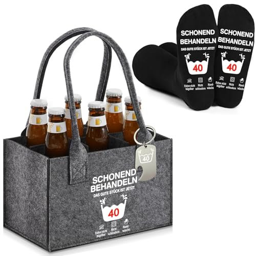 YANSYUN 3 Stück Bier Geschenke für Männer, Geschenk zum 40 Geburtstag Männer und Frauen, Männerhandtasche Bier Flaschenträger für 6 Bierflaschen, 40 th Socken, Flaschenöffner für Vater, Ehemann