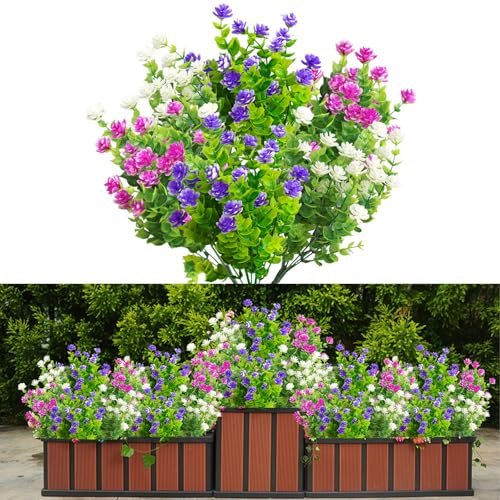 LaresDay Lot de 6 paquets de fleurs artificielles pour balcon, résistantes aux UV, aux intempéries, pour jardinière de balcon, intérieur et extérieur, 3 couleurs