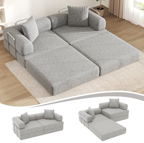 DURASPACE 78.4'' Convertible Sleeper Sofa Bed, Floor Folding Mattress Couch with Fixed-Shape Frame, Comfy Fold Out Futon, Boneless Modular Loveseat for Living Room (Chenille Gray)