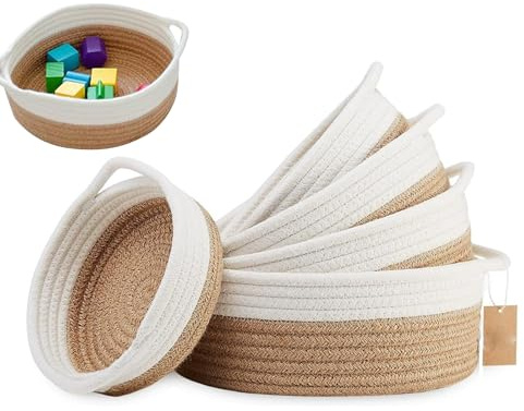 Set of 5 Storage Basket Woven Cotton Rope, Shelf Baskets with Handles for Toy Bathroom Storage, Decorative Basket Organizer Bins for Make up Cupboard Drawer Closet