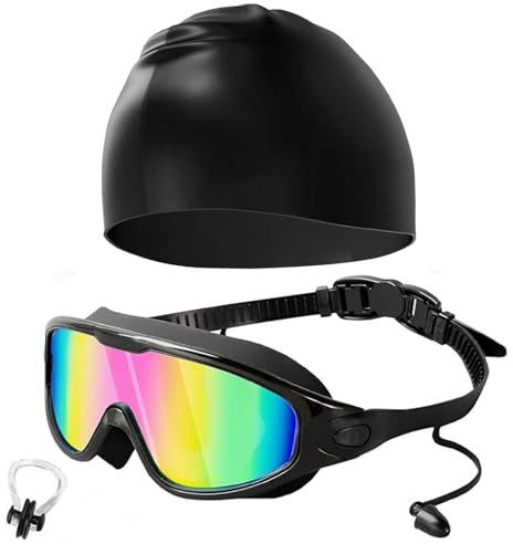 ZXTGBQ Occhialini Nuoto con Tappi Orecchie Unisex Adulto, Maschera Piscina con Grandi Lenti, Anti-appannamento Anti-perdite con Protezione UV Visione chiara Facile da Regolare, per Uomo Donna Adulti