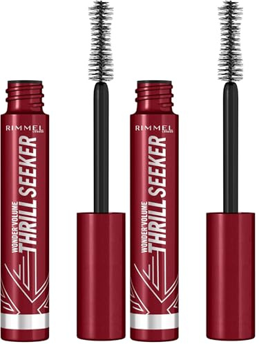 Rimmel London Thrillseeker Black Mascara, Bold Volumen, Verlängerung, schwerelose Definition, klumpenfrei, wischfest, den ganzen Tag tragen, cremige Schlagformel, Sanduhr-förmige Bürste greift jede