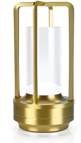 MMOBIEL Kabellose LED-Tischlampe aus Glas Wiederaufladbare Metalllampe mit Touch-Steuerung, Stufenloser 3-Farb-Dimmung, USB-C, 2000mAh Akku für Schlafzimmer, Terrasse, Innen & Außen – Gold