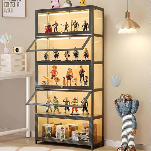 5-stöckige Vitrine Stehend, Curio-SchräNke, Bücherschrank mit Türen, Transparente Acryltüren,Sammlervitrine für Wohnzimmer, Büro, Bücher, Spielzimmer, Schwarz (80 x 32 x 165cm) (Graue Klapptiir)