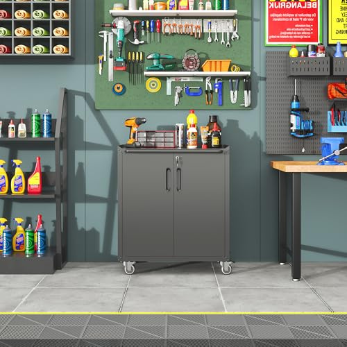 LLGWGL Metall Garagenschrank Sideboard Werkzeugschrank - Schwerer Mobiler Garagen Schrank mit Rollen Verstellbaren Böden & Schloss für Garage Büro Werkstatt Haushalt,75x42x88 cm (Schwarz)