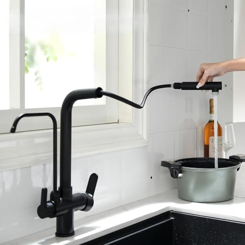 Rubinetto Cucina 3 Vie per Depuratore, Miscelatore 360° con Doccetta Estraibile, Doppia Uscita per Acqua Filtrata + Acqua Calda/Fredda, Rubinetto Lavello Cucina (Nero)