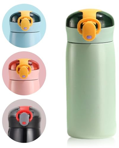 Small Water Bottle with Straw, 320ml Stainless Steel Insulated Mini Flask, Double Wall Vacuum, Leak-Proof One-Hand Open Lid, Portable Drinks Bottle for Handbag, for Coffee, Milk, Juice (Green)
