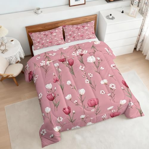 Generisch Rosa Blumen Bettdecke 155x220 4 Jahreszeiten, Ohne Bezug, 1 Kissenbezug 80x80, Floral Motiv Wende Steppdecke, Schlafzimmer Deko, Geschenke, Superweich - S&E1285