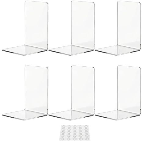 6 Pcs Acrylic Book Ends for Shelves,Book Holder for Shelf +25 Non-slip Pads | Clear Bookends for Shelves, Book Stoppers, bBook End Holders for Home Office Desk Table Bookshelf Books Display Stands