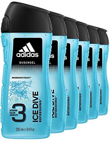 adidas Ice Dive Shower Gel with 3-in-1 Formula for Face, Body and Hair and a Long-lasting Fresh Feel, Shower Gel Set in 6 Pack (6 x 250 ml)