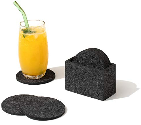 chillify Dessous de Verre Original en Feutre avec boîte de Rangement | lavables, absorbants, antidérapants, résistants à la Chaleur | sous Verre pour Table |Lot de 8 | Gris foncé, Rond